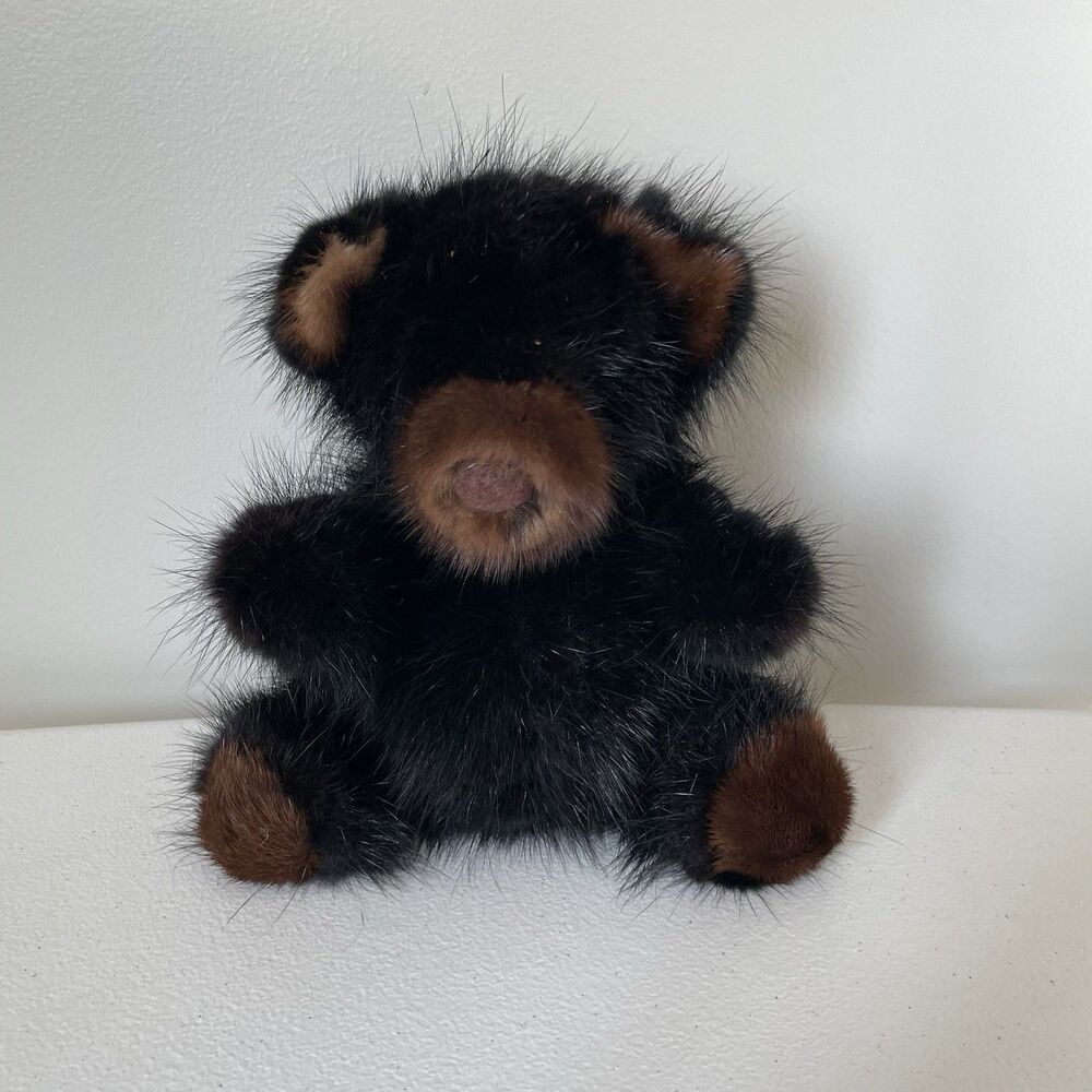 Rare Bear Vtg. Mink Real Fur Teddy Bear Plush Toy Stuffed Animal Black Mink 9"